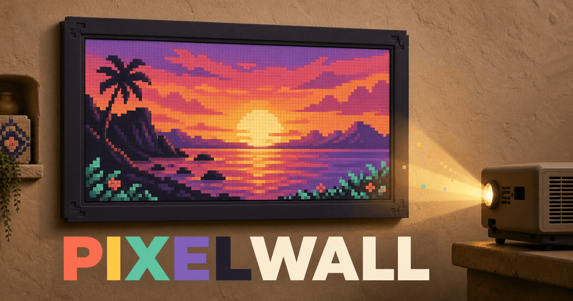 PixelWall pixel art maker preview with a colorful pixel sunset